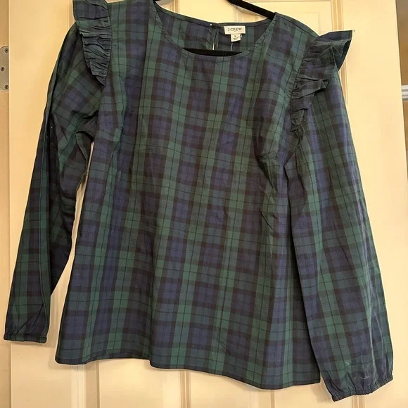 NWT J. Crew navy/green plaid ruffle sleeve blouse - Picture 1 of 4
